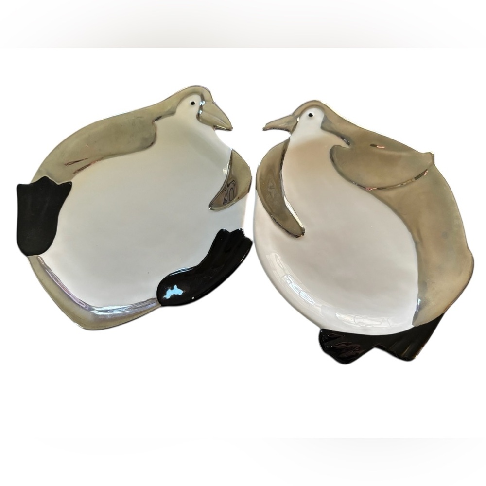 Dept. 56 Holiday Winter Penguin Shaped Serving Dish Set 2 Ceramic White Silver